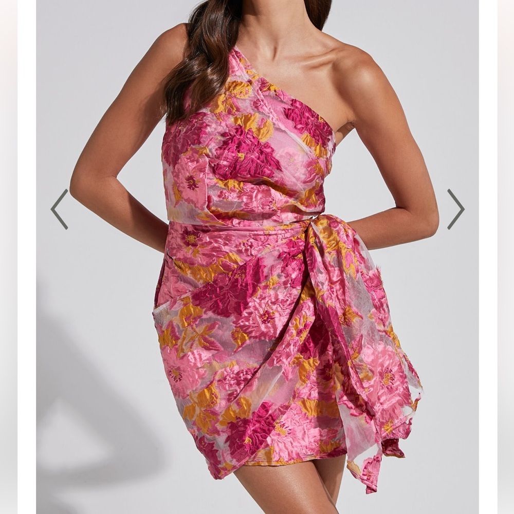 Showpo BRAILEY MINI DRESS - ONE SHOULDER WRAP FRONT DRESS IN PINK JACQUARD